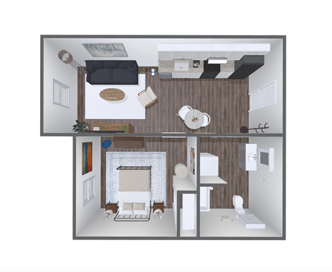 a 1 bedroom floor plan with a living room and a dining room